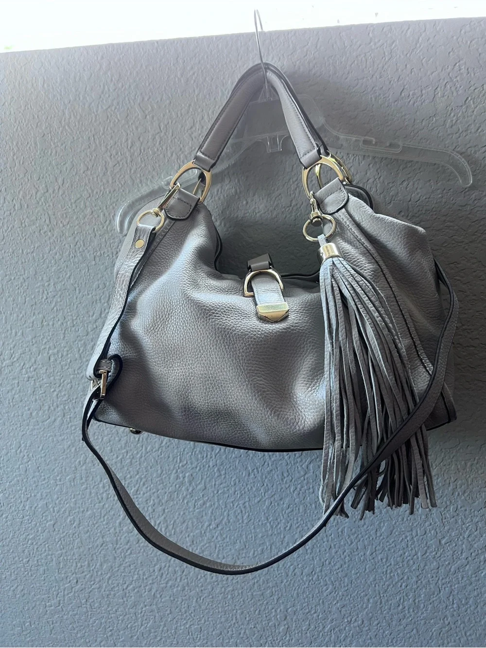 G.I.L.I. Stirrup Hobo Grey Leather Fringe Tassel Large Slouchy Shoulder Bag MINT